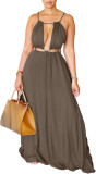 Women Sleeveless Hollow Backless Solid Maxi Dress