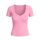Summer Women's Ribbed Solid Short Sleeve Top