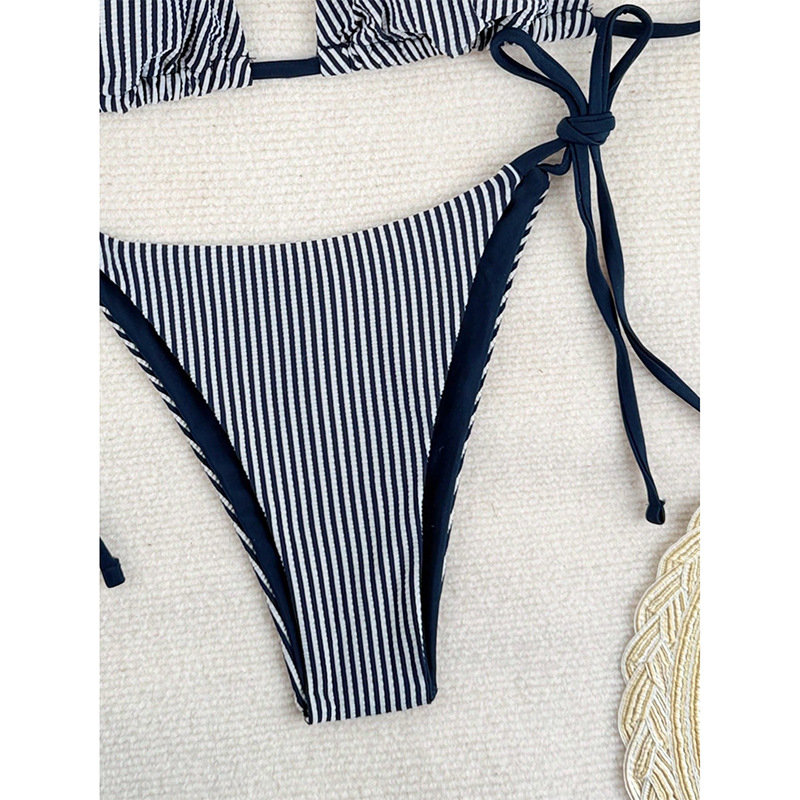Striped Halter Neck Lace-Up Two-Piece Bikini for Summer