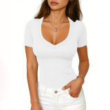 Summer Women's Ribbed Solid Short Sleeve Top