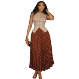 Summer Women's African Style Chic Sleeveless Vest Pleated Skirt Set