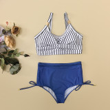 Summer Women's Blue Striped Drawstring High Waist Bikini