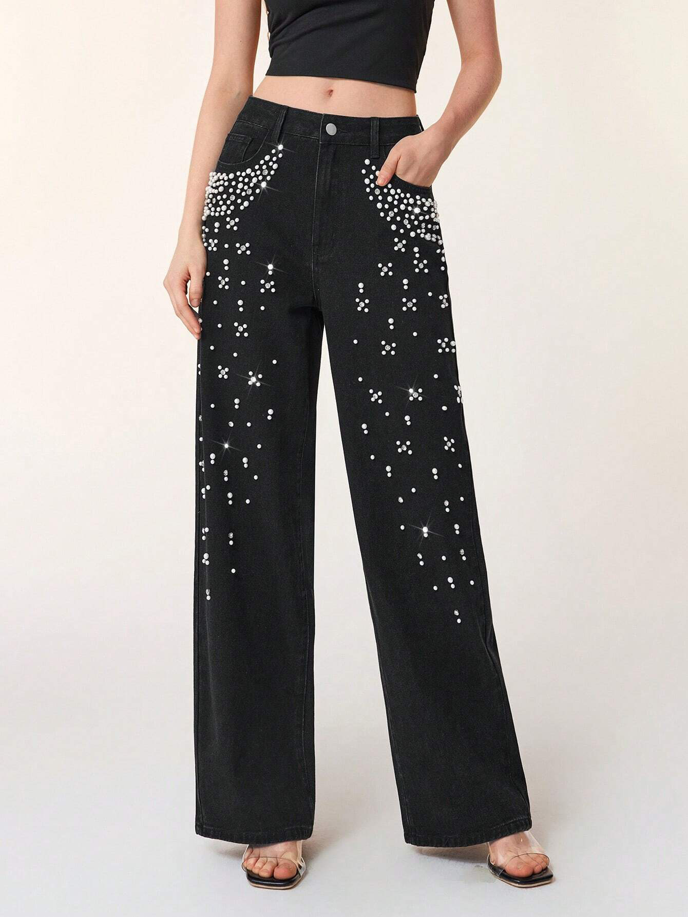 Beaded Denim Straight Leg Jeans for Casual Streetwear