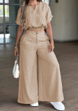 Spring Summer Women's Casual Round Neck Short Sleeve Top Wide Leg Pants Set
