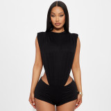 Summer Women's Round Neck Sleeveless Hollow Top Shorts Set