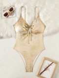 Summer Women's Shiny Lace-Up Hollow One-Piece Swimsuit