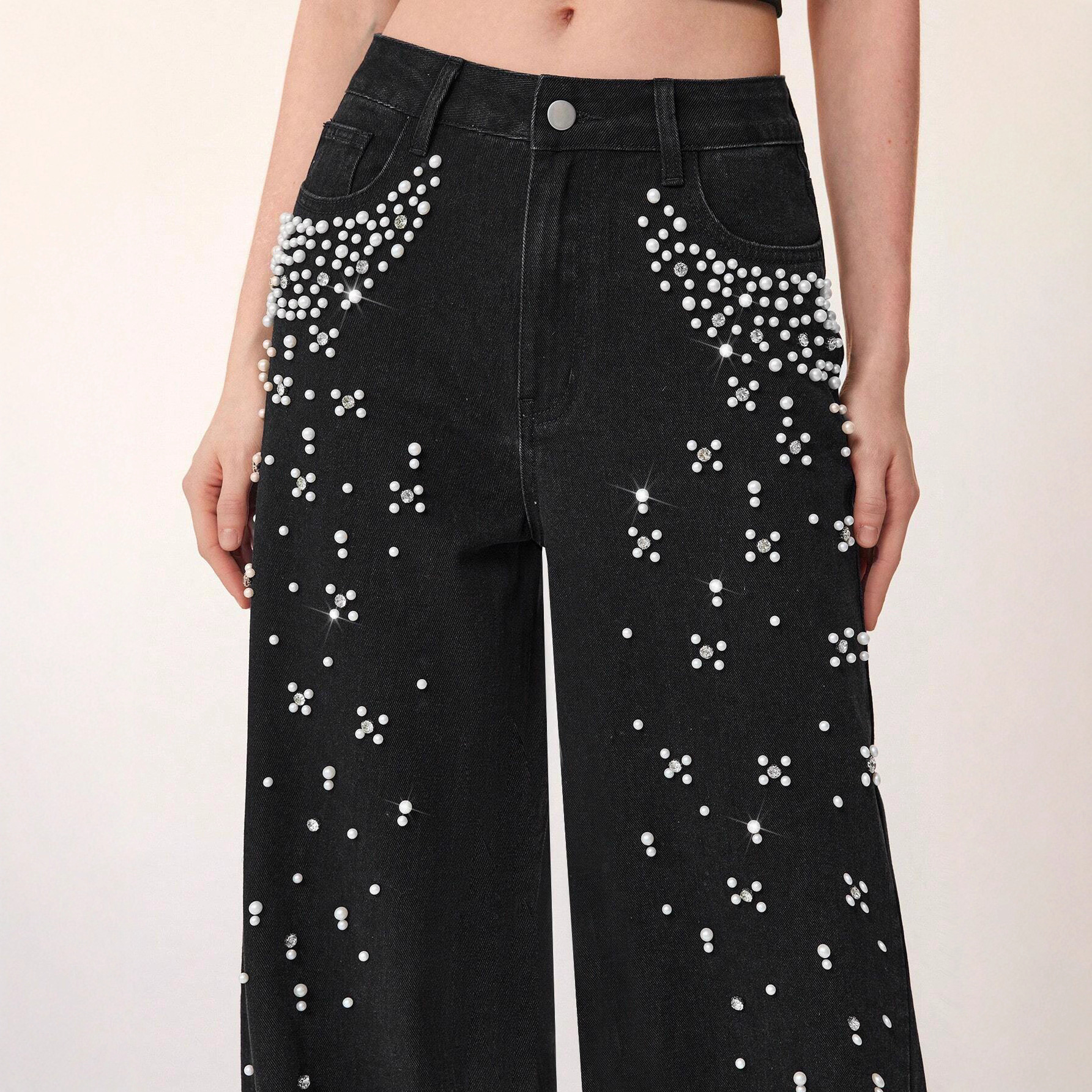 Beaded Denim Straight Leg Jeans for Casual Streetwear