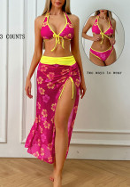 Summer Women's Halter Neck Lace-Up Low Back Floral Cover-Up Bikini Three-Piece Set Summer Women's Halter Neck Lace-Up Low Back Floral Cover-Up Bikini Three-Piece Set