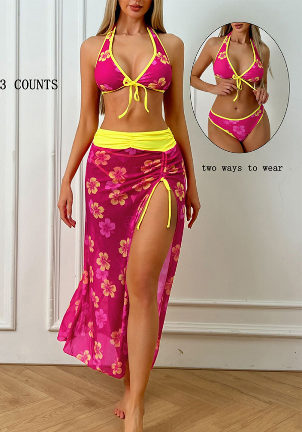 Summer Women's Halter Neck Lace-Up Low Back Floral Cover-Up Bikini Three-Piece Set