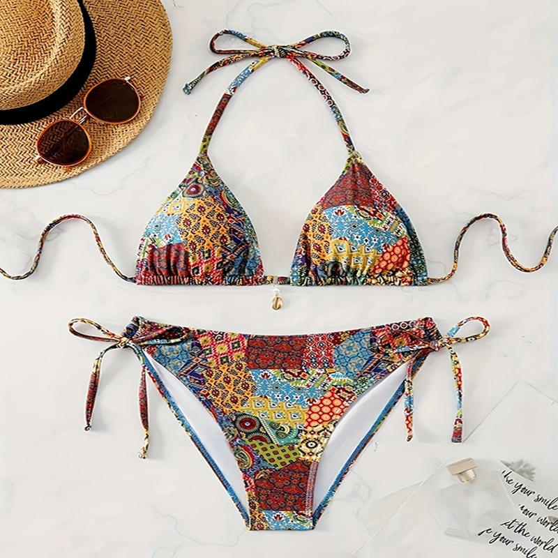 Printed Halter Neck Two-Piece Bikini for Summer Beachwear