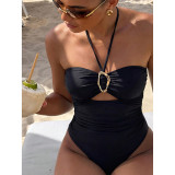 Summer Women's Metal Decor Halter Neck One-Piece Swimsuit