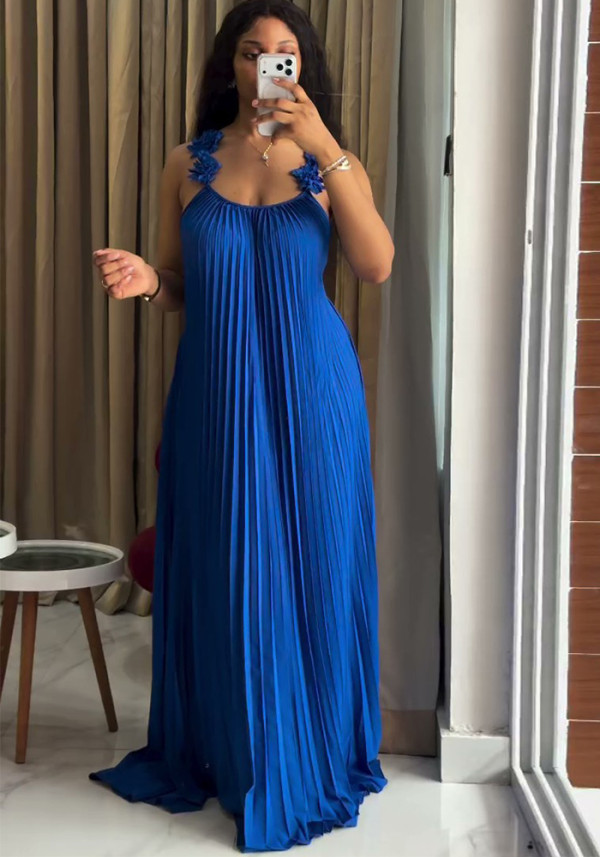 Summer Women's Chic Sweet Low Back Pleated Strap Long Dress