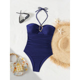Summer Women's Metal Decor Halter Neck One-Piece Swimsuit
