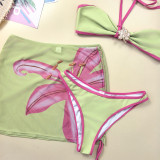 Summer Women's Heart Print Metallic Ring Bikini Three-Piece Set