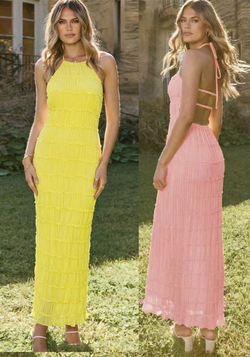 Summer Women's Low Back Ruched Strap Long Dress