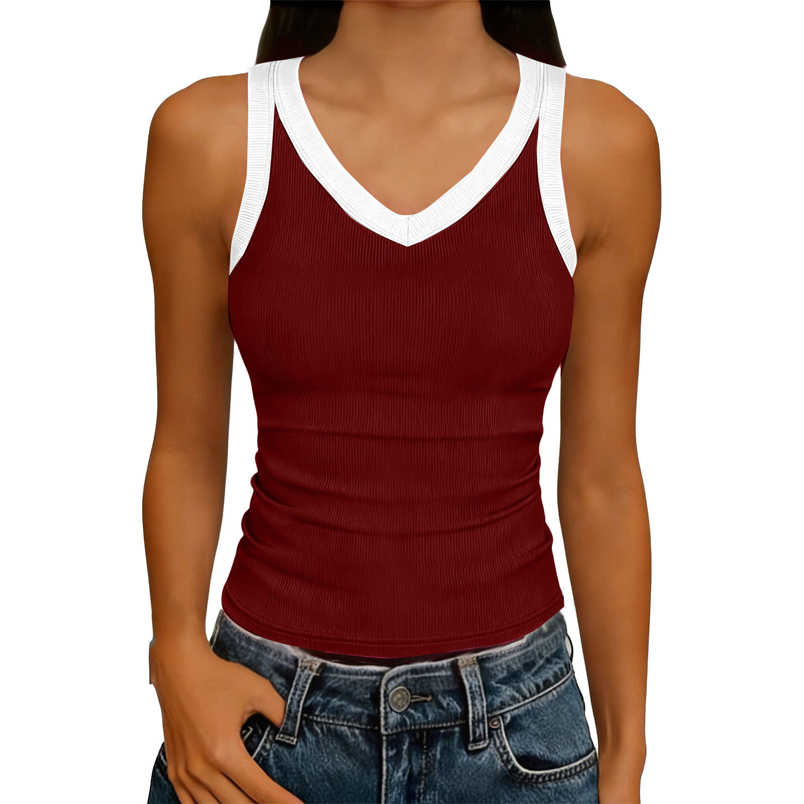 V-Neck Sleeveless Knitted Tank Top for Summer Casual