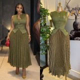 Summer Women's African Style Chic Sleeveless Vest Pleated Skirt Set