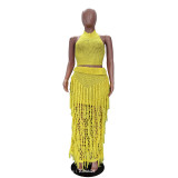 Summer Women's Casual Knitted Tassel Beach Skirt Set