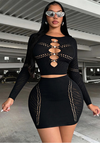 Autumn Winter Women's Black Pearl Hollow Knitted Bodycon Two-Piece Skirt Set