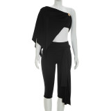 Summer Women's Casual Slash Shoulder Top Ruched Cropped Pants Set