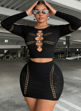 Autumn Winter Women's Black Pearl Hollow Knitted Bodycon Two-Piece Skirt Set