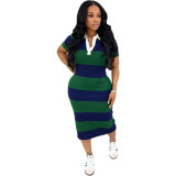 Spring Summer Women's Fashion Colorblock Turndown Collar Slim Fit Slit Dress