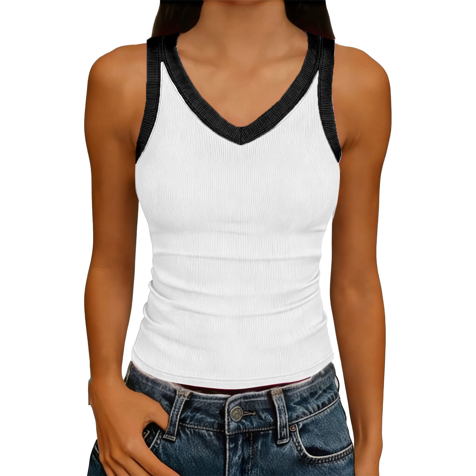 V-Neck Sleeveless Knitted Tank Top for Summer Casual