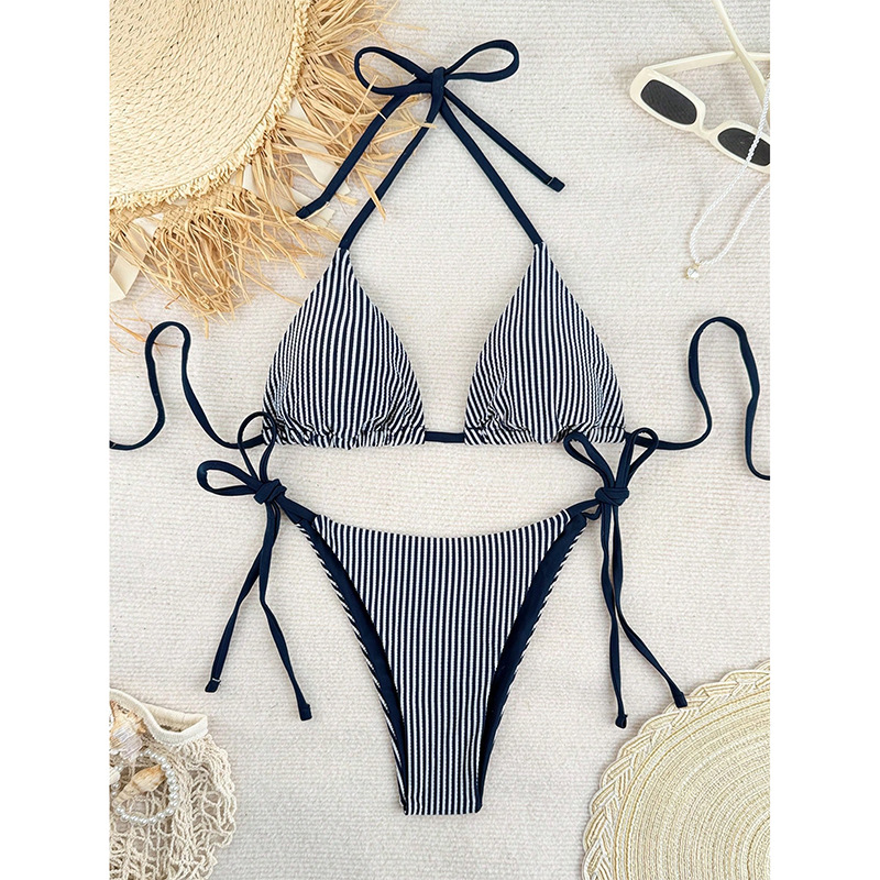 Striped Halter Neck Lace-Up Two-Piece Bikini for Summer