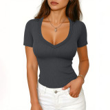 Summer Women's Ribbed Solid Short Sleeve Top