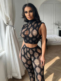 Summer Women's See-Through Sleeveless High Neck Tight Two-Piece Pants Set