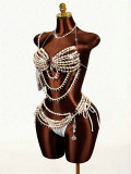 Women's Beaded Halter Neck Low Back Bra Chain Set