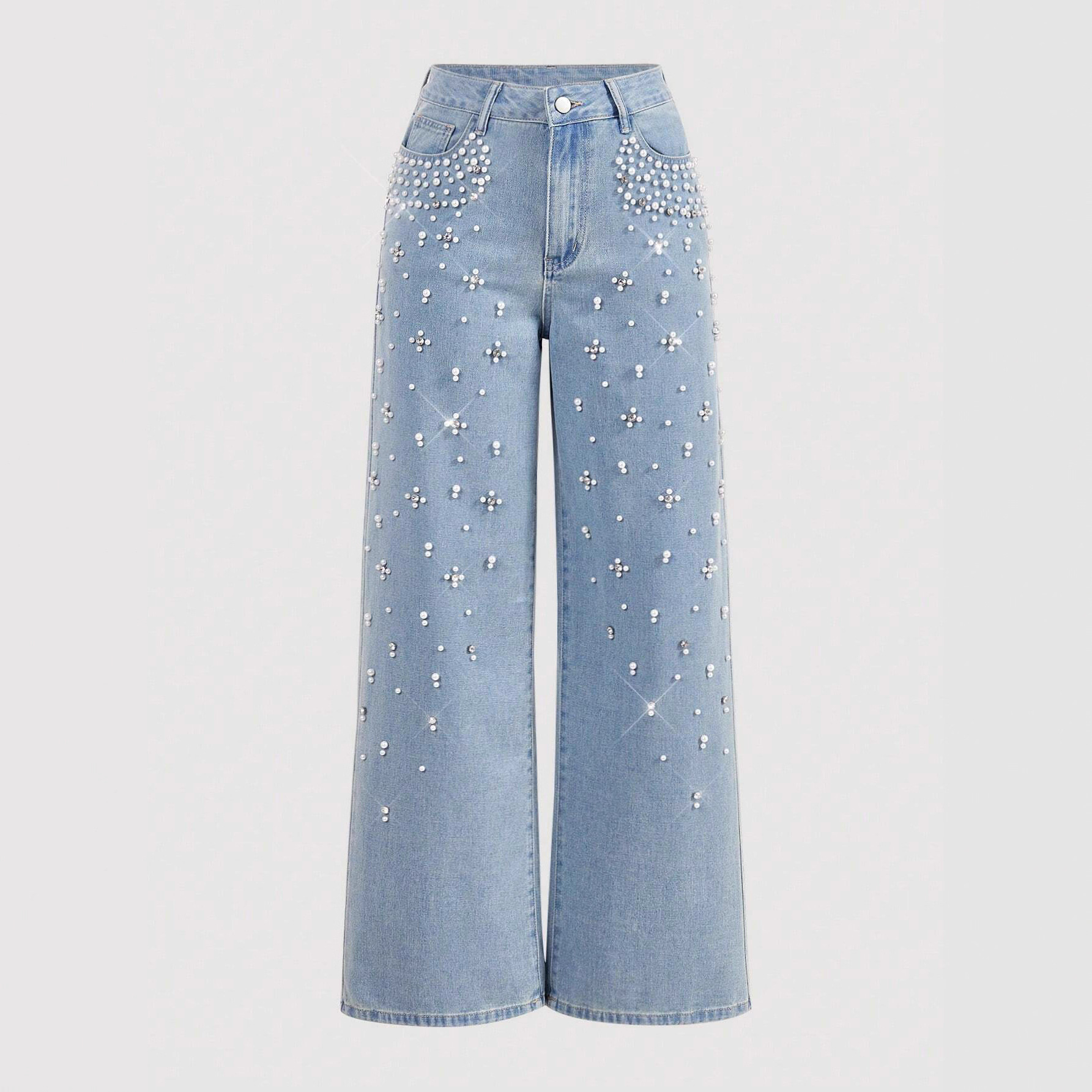 Beaded Denim Straight Leg Jeans for Casual Streetwear