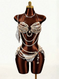Women's Beaded Halter Neck Low Back Bra Chain Set