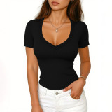 Summer Women's Ribbed Solid Short Sleeve Top