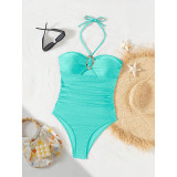 Summer Women's Metal Decor Halter Neck One-Piece Swimsuit