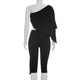 Summer Women's Casual Slash Shoulder Top Ruched Cropped Pants Set