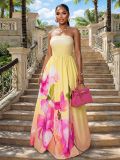 Summer Women's Strapless Printed Ruched Evening Dress