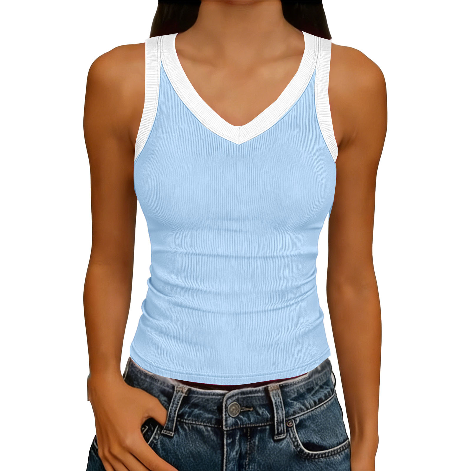 V-Neck Sleeveless Knitted Tank Top for Summer Casual