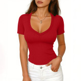 Summer Women's Ribbed Solid Short Sleeve Top
