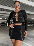 Autumn Winter Women's Black Pearl Hollow Knitted Bodycon Two-Piece Skirt Set