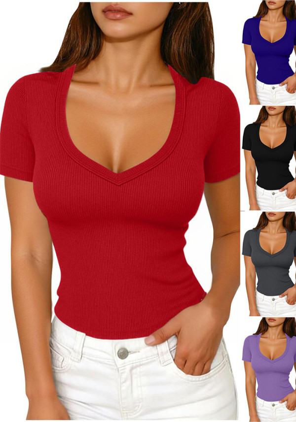 Summer Women's Ribbed Solid Short Sleeve Top