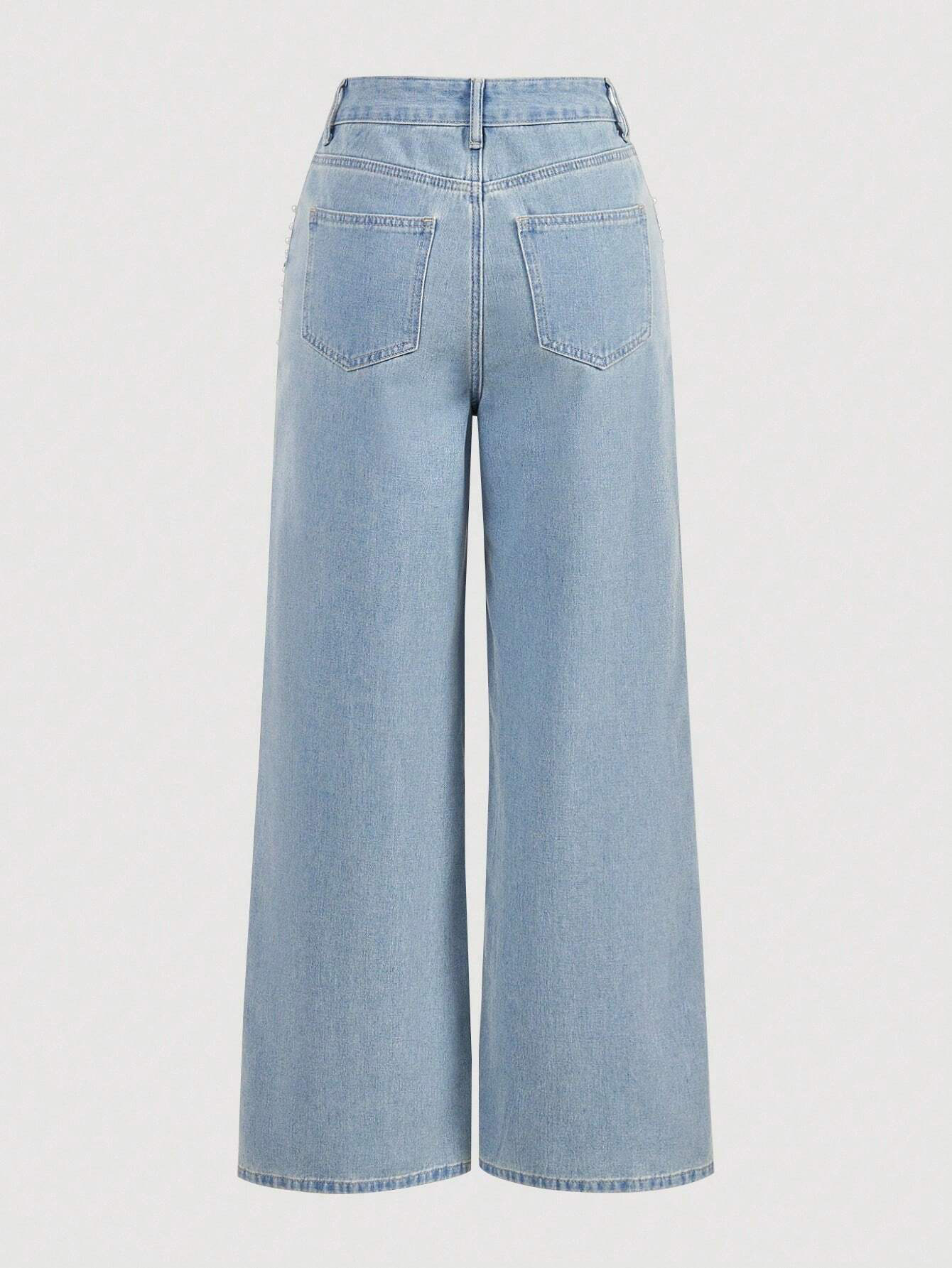 Beaded Denim Straight Leg Jeans for Casual Streetwear