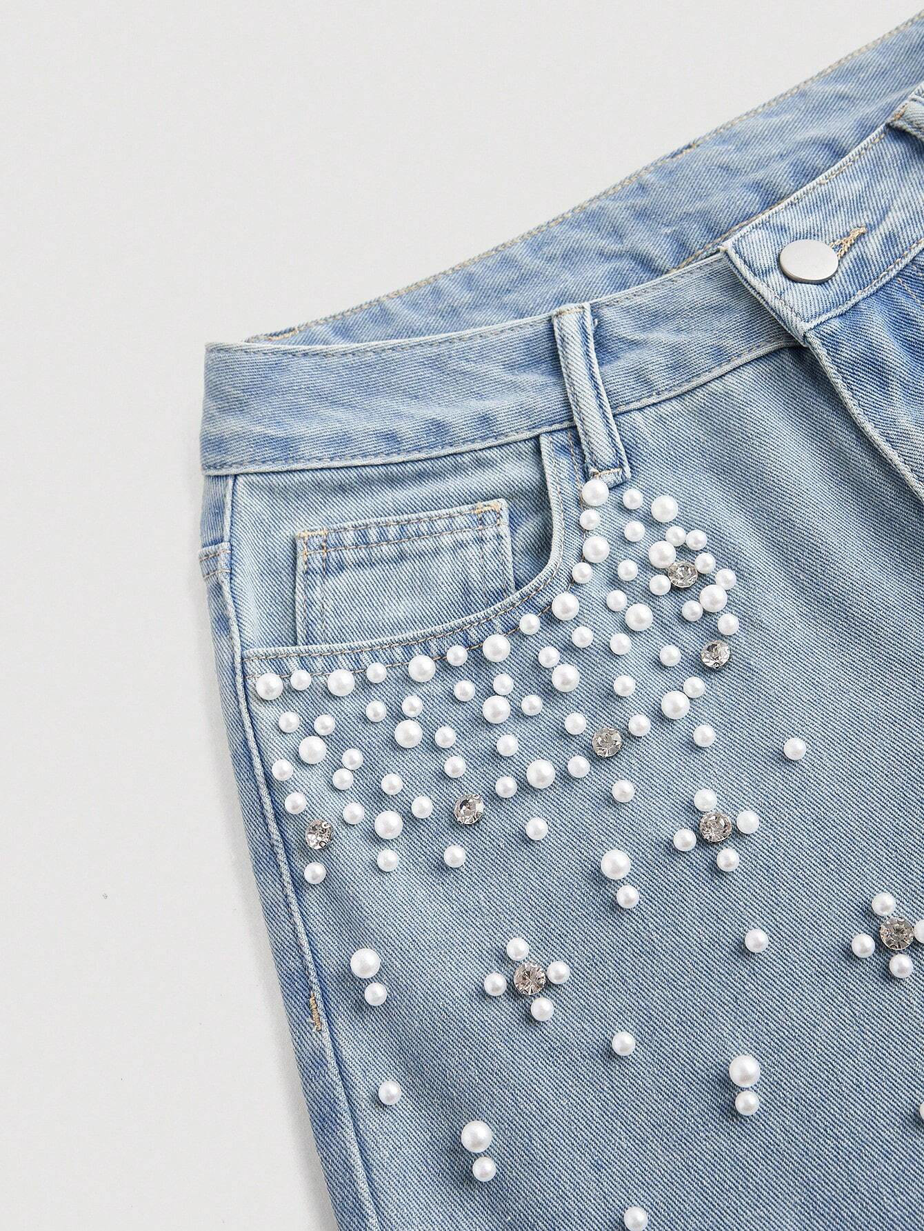 Beaded Denim Straight Leg Jeans for Casual Streetwear