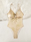 Summer Women's Shiny Lace-Up Hollow One-Piece Swimsuit