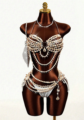 Women's Beaded Halter Neck Low Back Bra Chain Set