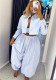 Spring Women's African Style Blue Striped Shirt Top Wide Leg Pants Set