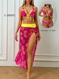 Summer Women's Halter Neck Lace-Up Low Back Floral Cover-Up Bikini Three-Piece Set
