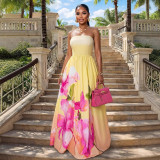 Summer Women's Strapless Printed Ruched Evening Dress