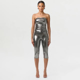 Women Spring Summer Shiny Strapless Top and 3/4 Length Pants Two-Piece Set