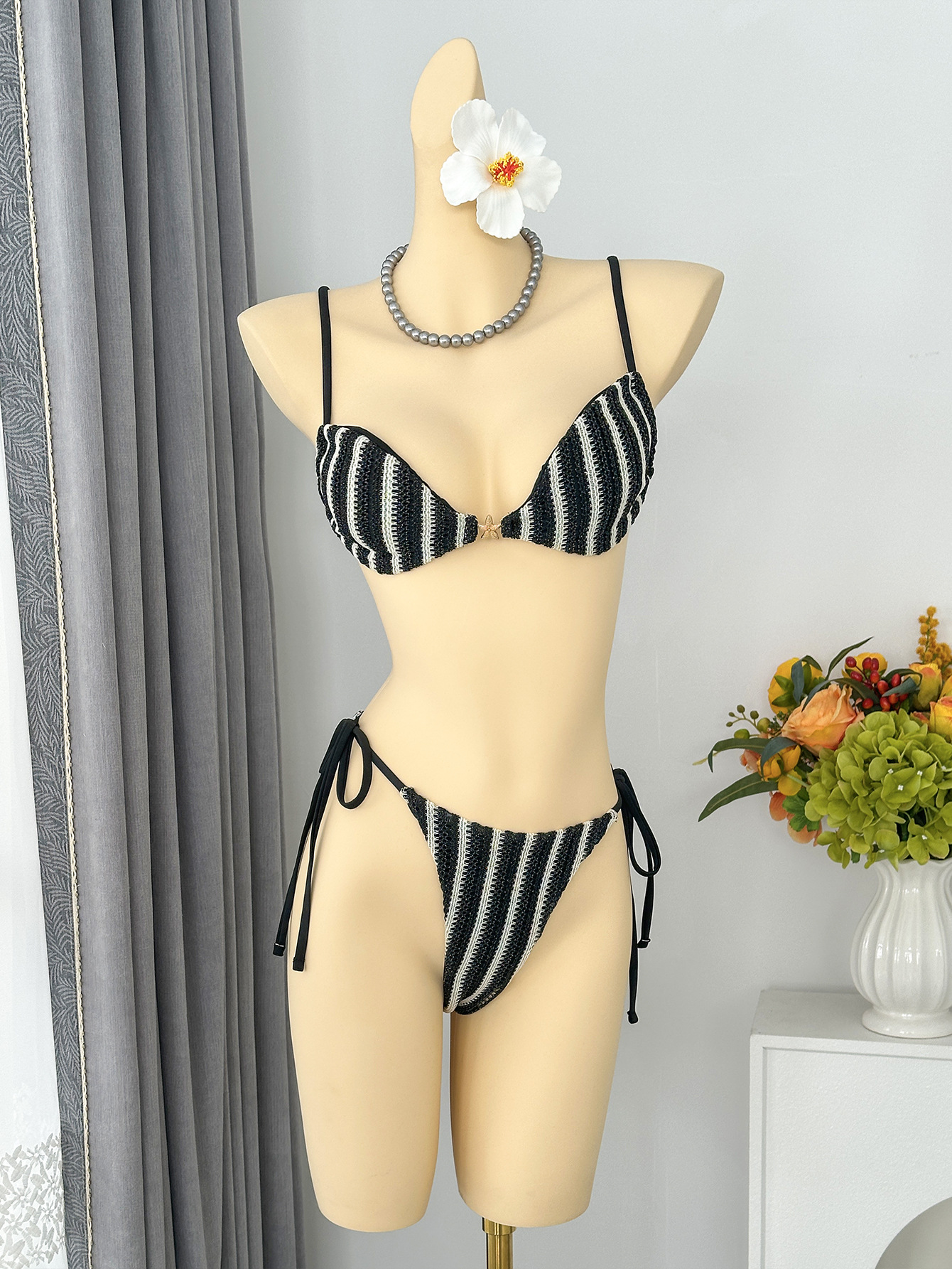 Striped Halter Belted Strapless Two-Piece Bikini for Summer